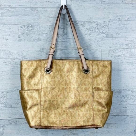 Michael Kors metallic gold Jet Set East West travel monogram logo tote - Picture 2 of 8